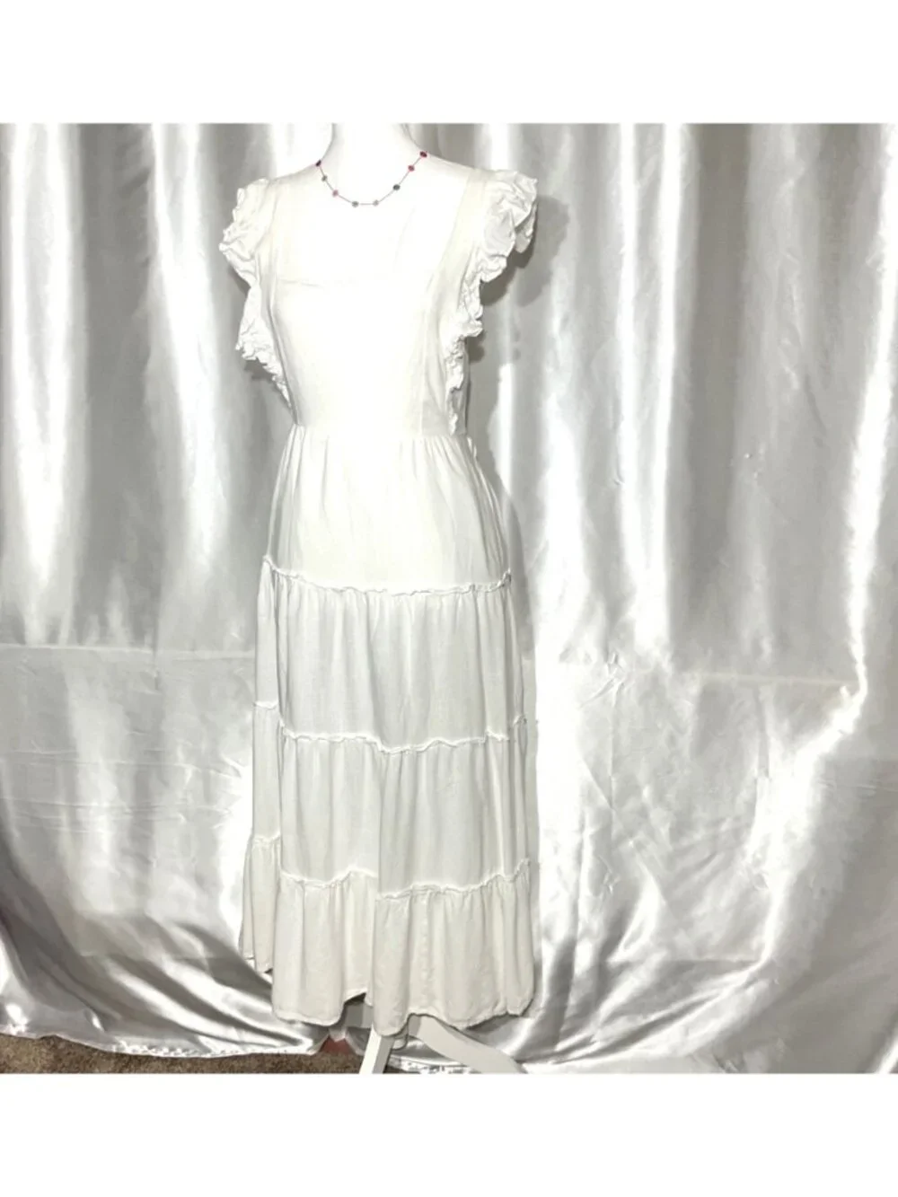 White Ruffle Sleeve Tiered Maxi Dress With Square Neckline size L - Picture 2 of 11